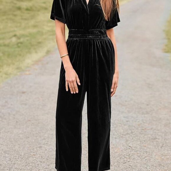 Short Sleeve Wide Leg Black Velvet Romper - Picture 2 of 10
